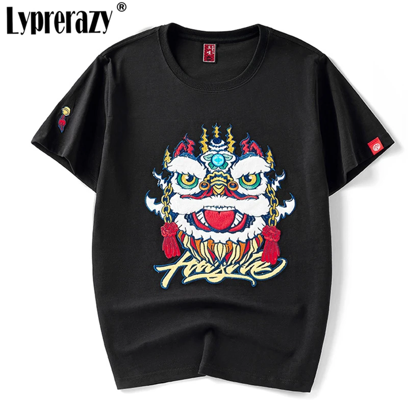 

Летняя оригинальная хлопковая Футболка Lyprerazy, Мужская танцевальная футболка с вышивкой и львом, Мужская черная футболка в китайском стиле