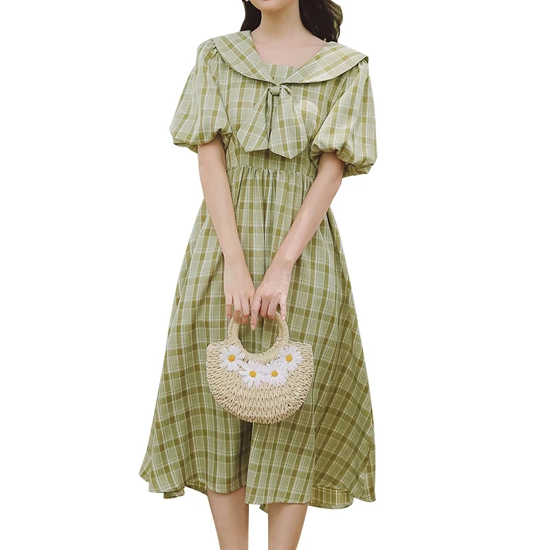 

Fresh Checked Dresses Women Summer Sailor Collar Short Sleeve Puff Sleeve High Waist Plaid Dress Elegant Bandage Vestido