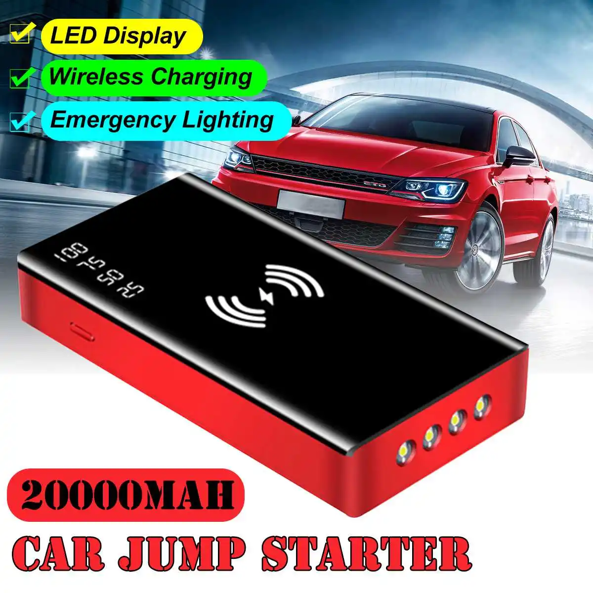 

20000mAh Car Jump Starter With LCD Display 600A Starting Device Wireless Power Bank Car Battery Starter Launcher for Car Booster