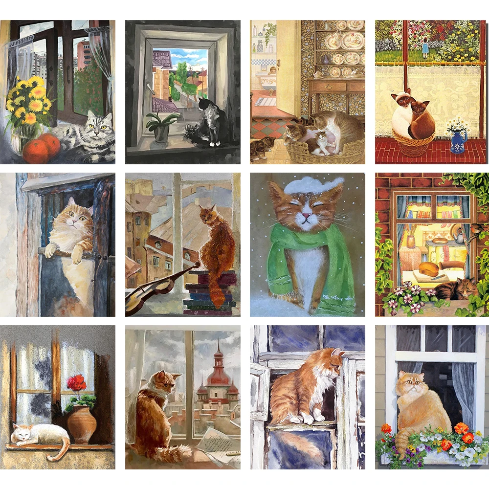 

Frame DIY Painting By Numbers Hand-Drawn Cat under the window Oil Painting Unique Gift For Modern Home Decortion