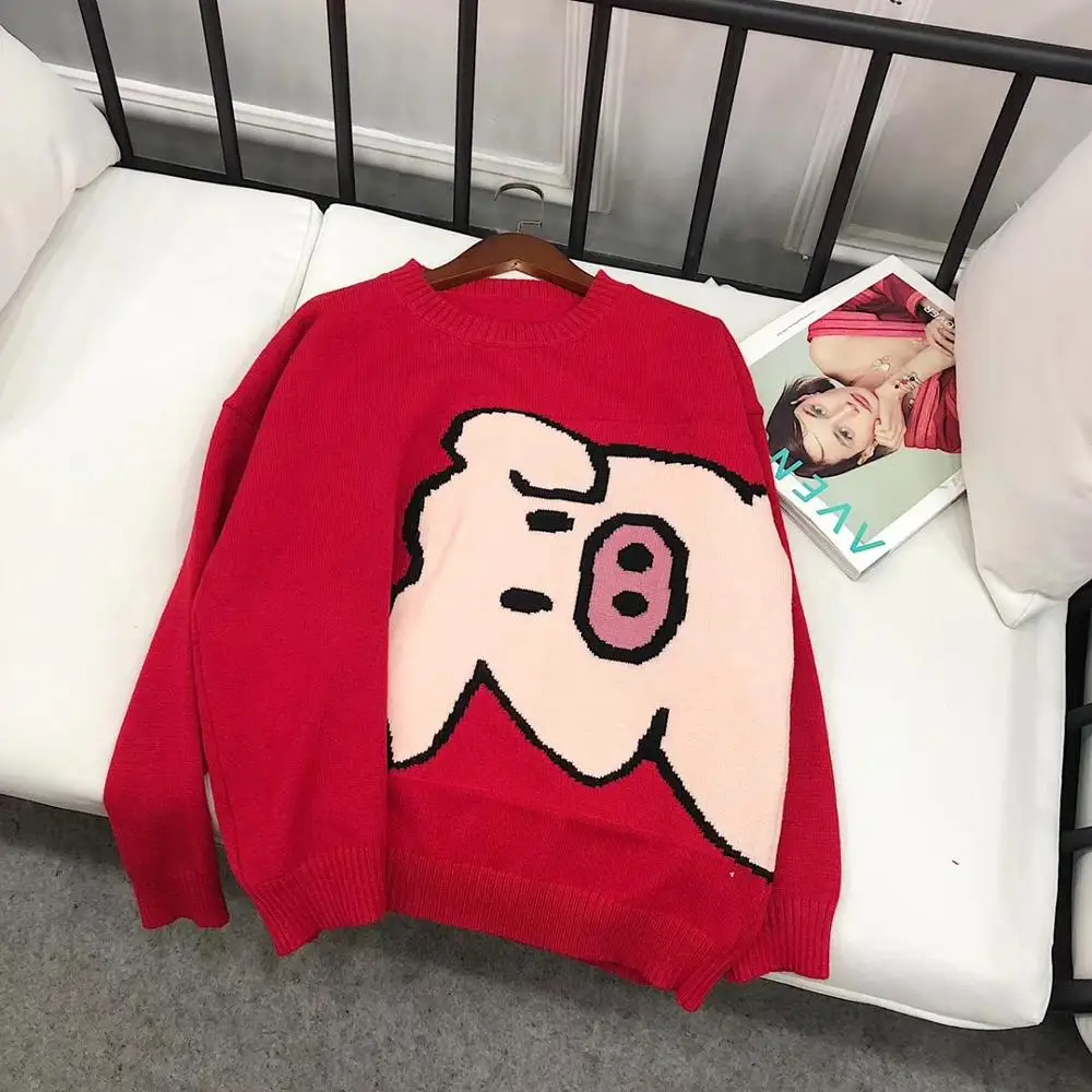 Spring Autumn New Women Pullover Sweaters O Neck Cartoon Pig Pretty Vintage Japan Style Ladies Knitwear Jumper Tops C-068 | Женская