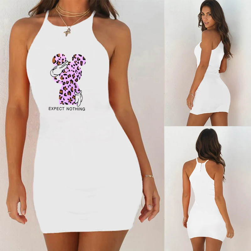 

Disney Mickey Mouse Bodycon Dresses Cartoon Print Beach Party Mini Dress Leopard Sexy Dress New Vest Tight Fitting Hip Vestidos