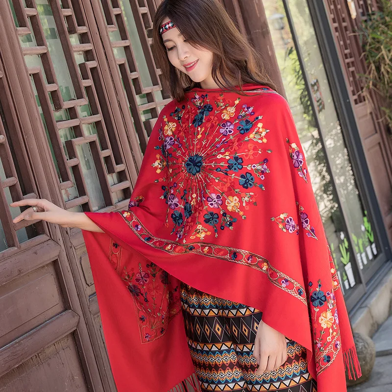 Женская зимняя кашемировая шаль с ручной вышивкой и цветочным принтом двойного