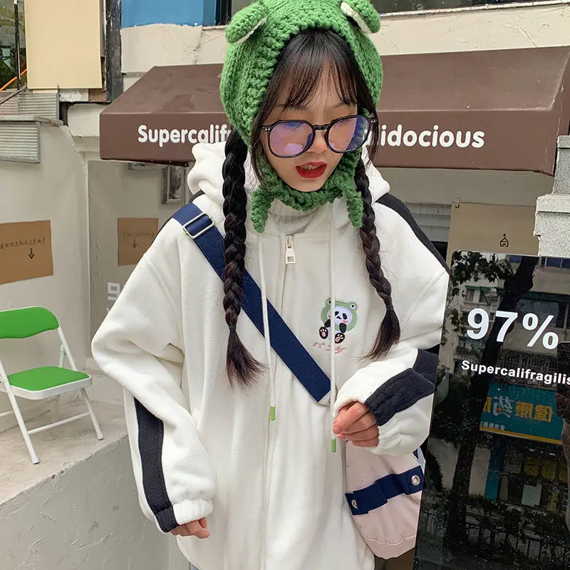 

Kawaii Deeptown Zip Up Hoodies Women Winter 2020 Fashion Cute Sweatshirt Women Long Sleeve Loose Embroidery Plus Velvet Hoodies