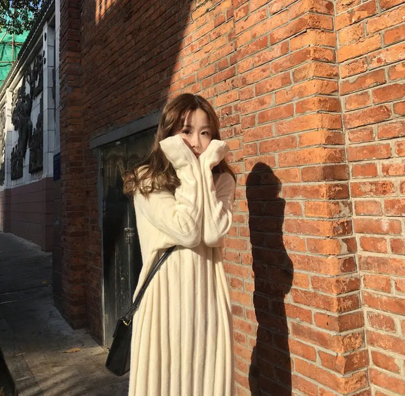 Осень Зима 2019 корейский стиль женский свитер с длинным рукавом платье размера