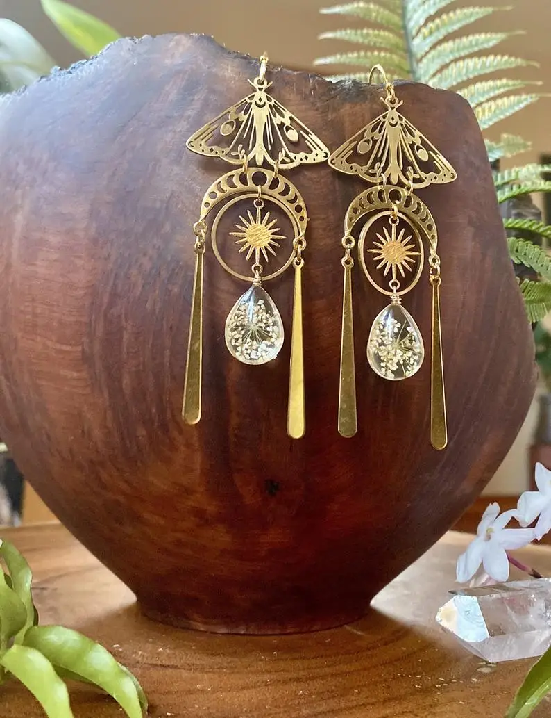 

the golden Resin Flower Drop Moth Earrings, Wanderlust Jewelry, Hypoallergenic