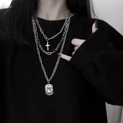 Многослойное длинное ожерелье с подвеской в виде Креста для женщин и мужчин, цепочка из металла, Ювелирное Украшение в стиле хип-хоп, готика, Подарочная цепочка
