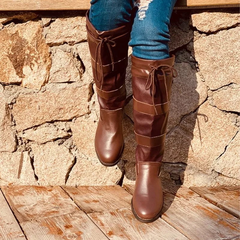 Women Knee High Boots  Low Heels Booties Plus Size Gladiator Pu Leather Knight Shoes Woman