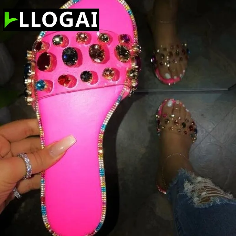 

LLOGAI Glitter Slippers Women Summer Sandals Fashion Bling Female Candy Color Flip Flops Beach Diamond Flat Shoe Outdoor Sandals