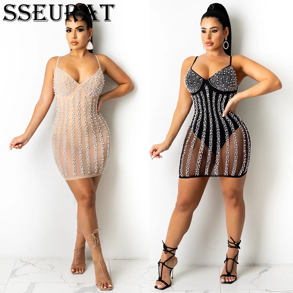 

Летнее прозрачное Сетчатое платье SSEURAT со стразами, женские пикантные облегающие мини-платья на эластичных бретелях, Женский клубный наряд ...