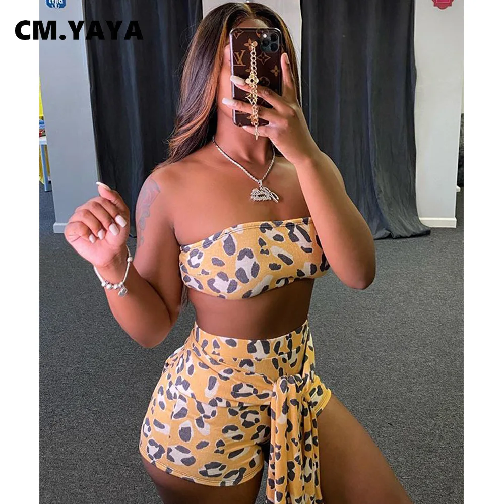 Женский леопардовый спортивный костюм CM.YAYA комплект из укороченного топа с
