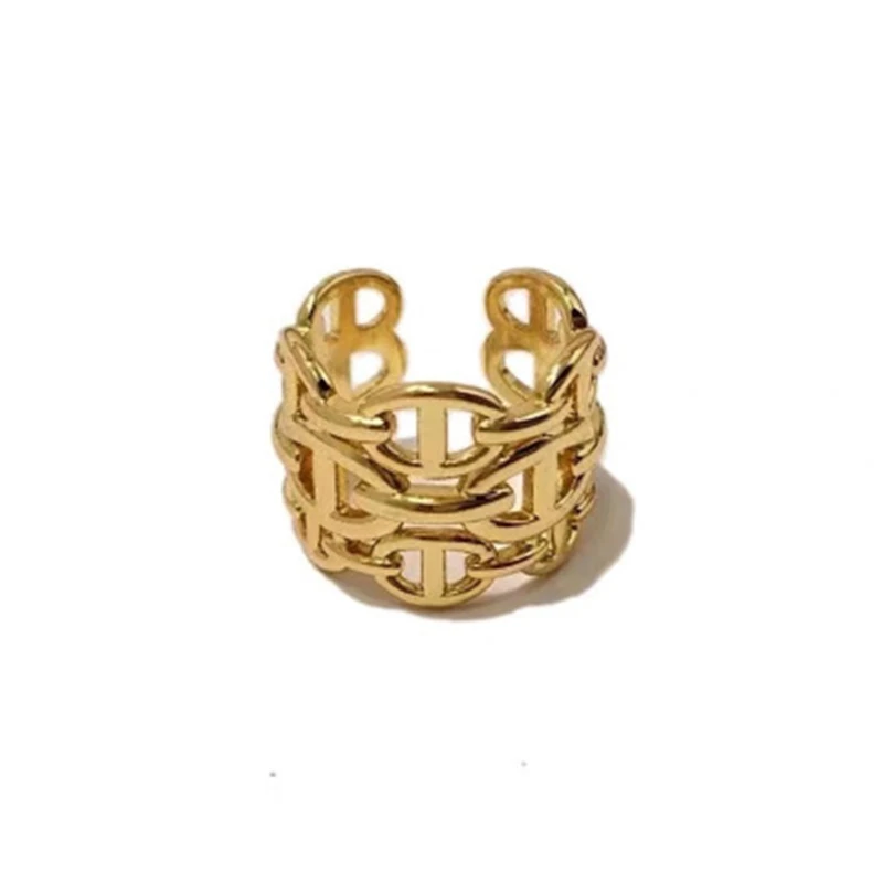 A Wide GLOD HUANZHI New Trend Curve Hollow Line Three Rows Wide Face Pig Nose Modeling Adjustable Rings For Men Women Party Jewelry - Цвет основного камня: A Wide GLOD