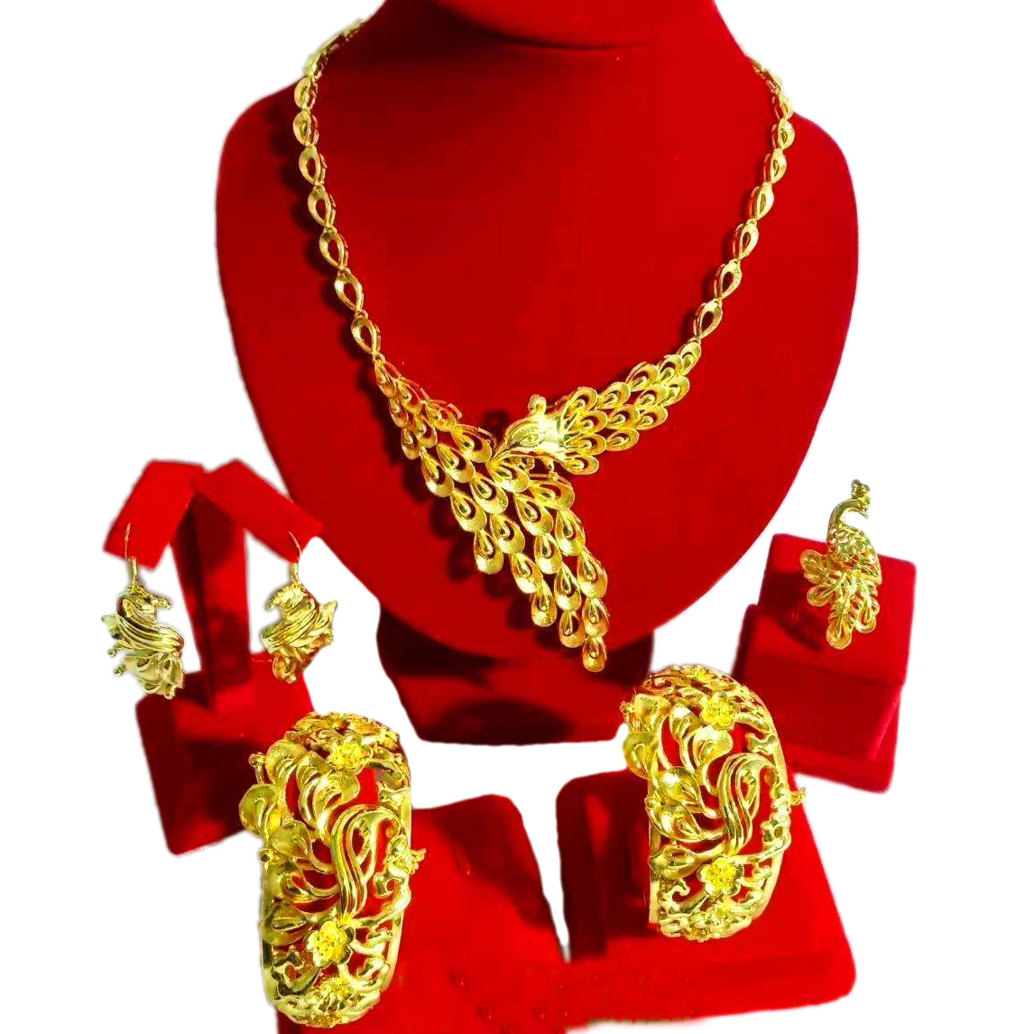 

Yulaili Chinese Style Design Gold-color Phoenix Shape Gift Jewelry Sets Necklace Bracelet Earrings Ring Window Jewelry Display