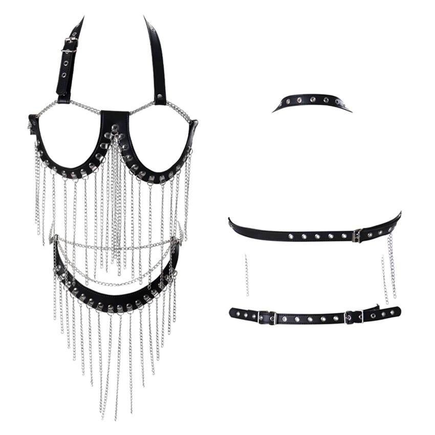 Женский комплект из бюстгальтера и ремня искусственной кожи с металлической