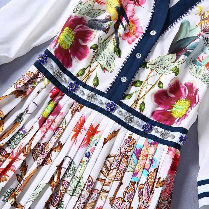 

New European and American women's dresses for spring 2020 Seven - cent sleeve lapels Printing nail bead Fashion pleated dress