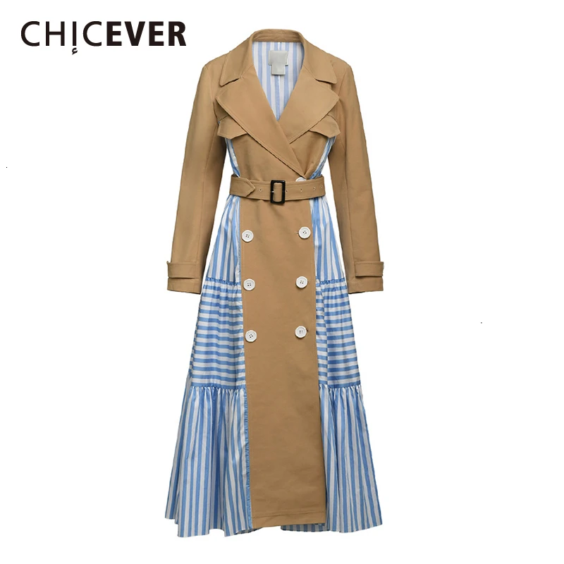 CHICEVER корейский стиль лоскутные полосатый Тренч женский с длинным рукавом со