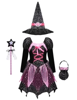 4pc kids girls halloween witch costume outfit long sleeve sparkly silver stars printed dress with pointed hat wand candy bag set