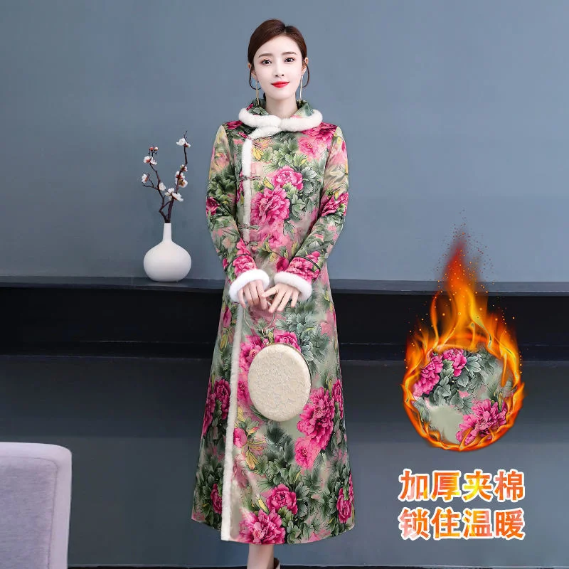 

Long Qipao Autumn Winter Chinese Dress Hanfu Women Ethnic Style Print Slim Thick Cheongsam Vestido Chino Mujer Eleganti Female