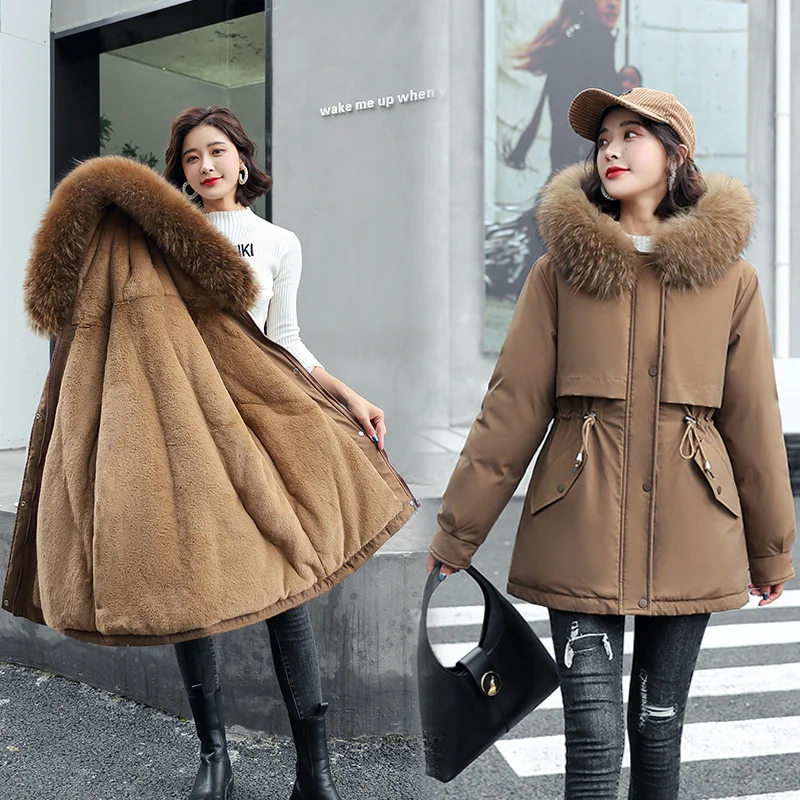 

2021womens Thickened Down Jacket Winter Warm Down Coat Korean Midlength Cotton Fleece Liner Fur Collar Plus Size Parker Jacket