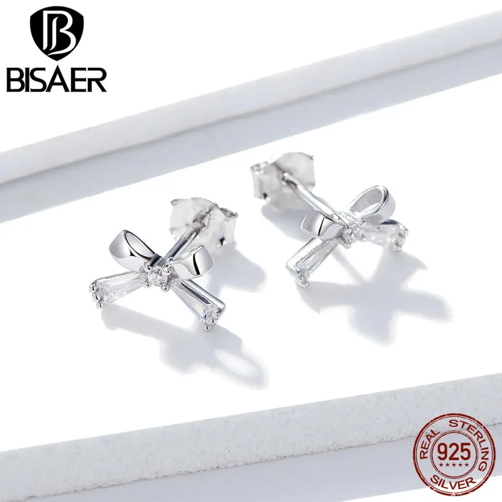 BISAER, 925 пробы, серебряные, крошечные, милые, с бантом, корейские сережки-шпильки, серьги для женщин, для свадебной вечеринки, модные аксессуары, GAE227