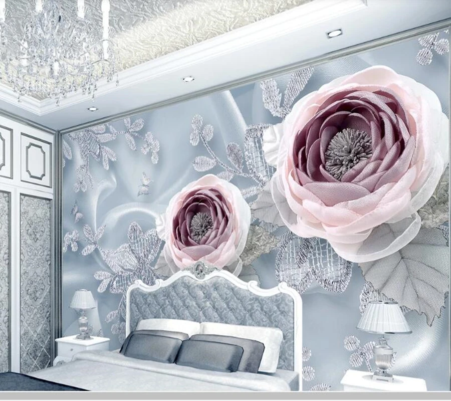 Papel де parede шелковые кружевные цветы Роскошные 3d стерео обои гостиная ТВ настенная