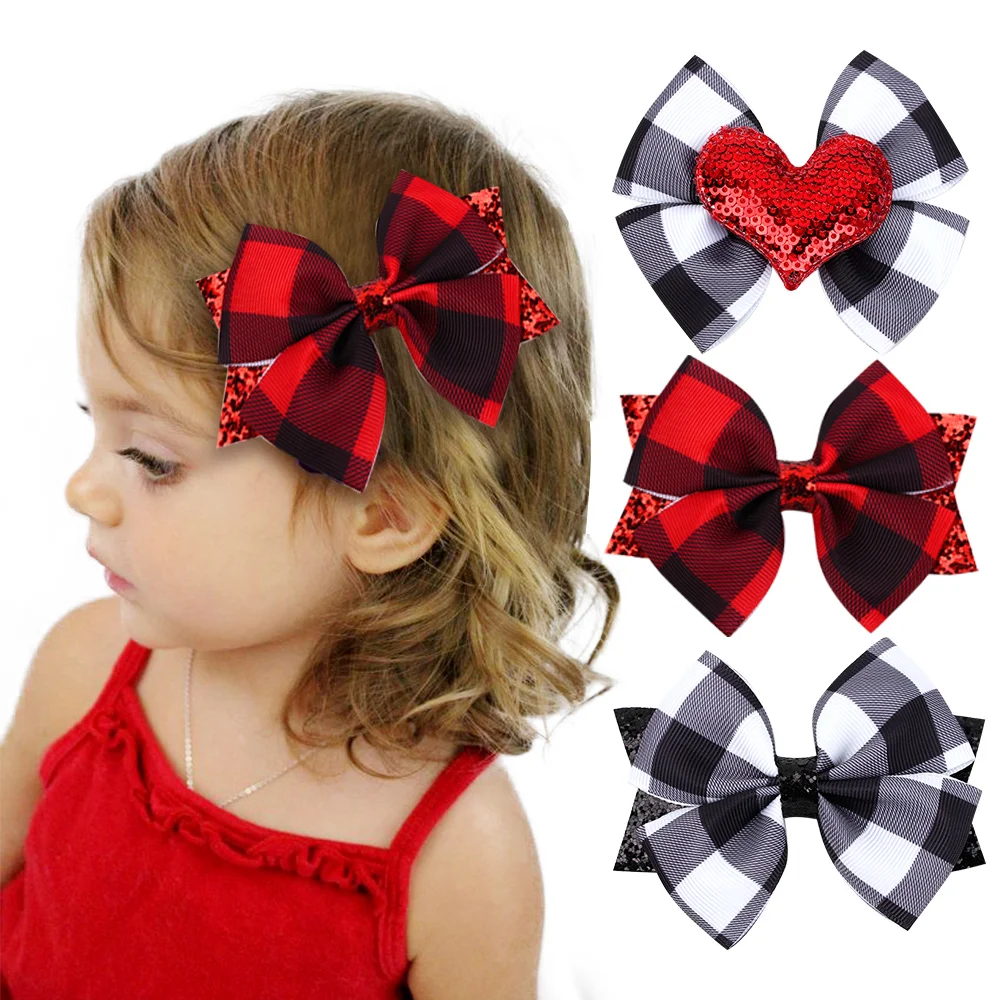 

CN 3 Pcs/lots 3.5" Red/Black Plaid Hair Clips For Girls Kids Handmade Glitter Love Heart Hair Bows Hairpins Hair Accessories