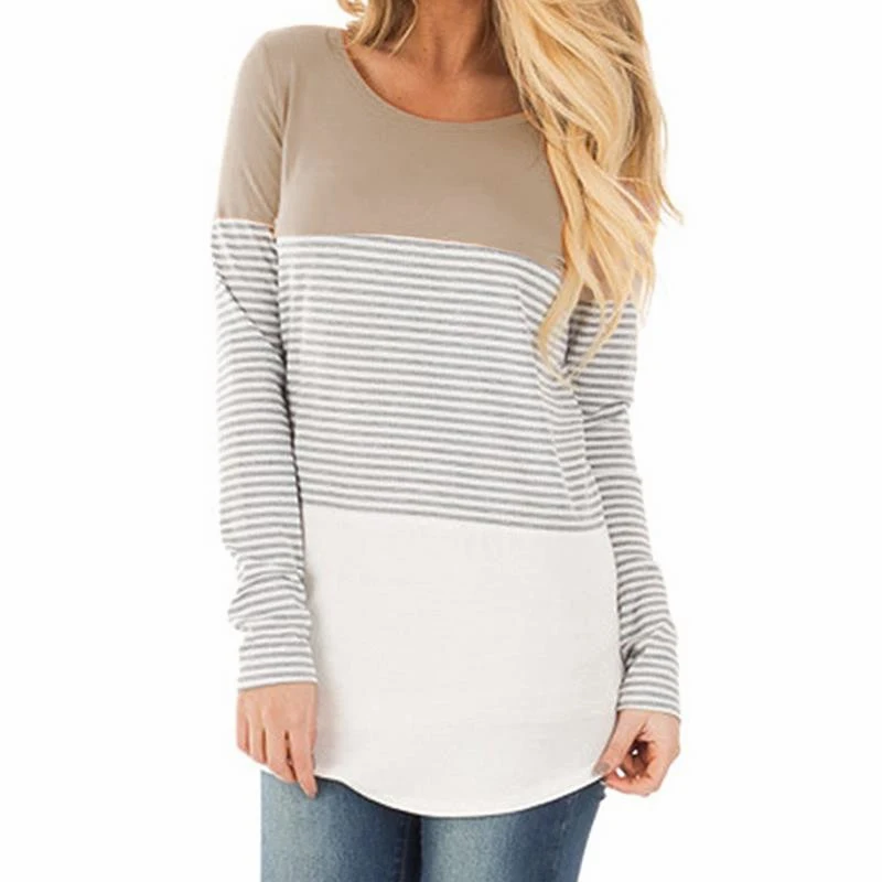 50 2019 Casual Cotton Long Sleeve T-Shirt Women Striped Elastic Loose Shirt O Neck Female Irregular Hem Top Patchwork | Женская одежда