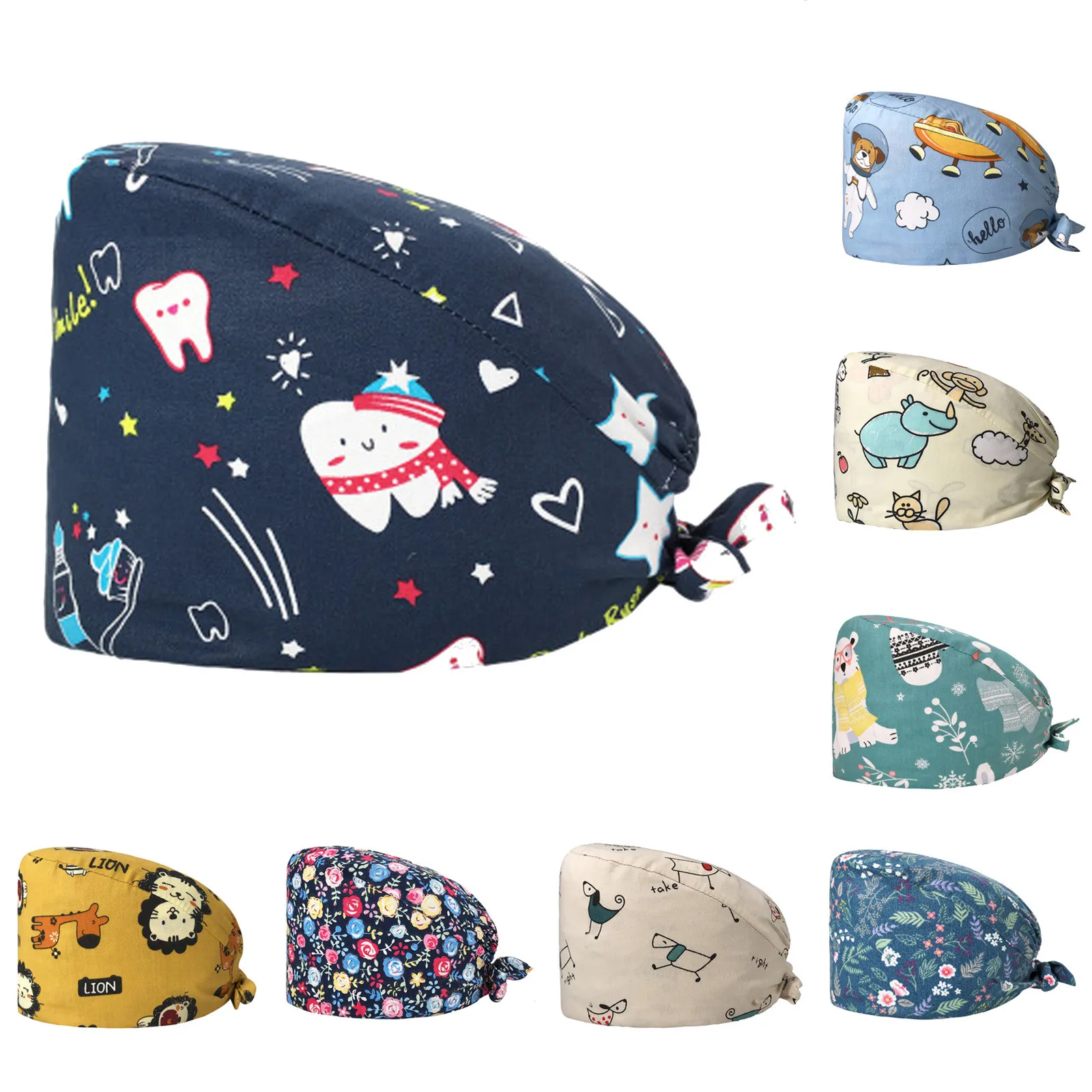 

Cute Cartoon Pattern Nurse Scrubs Cap With Buttons Adjustable Bouffant Working Hat Comfortable Nursing Caps Enfermera A40
