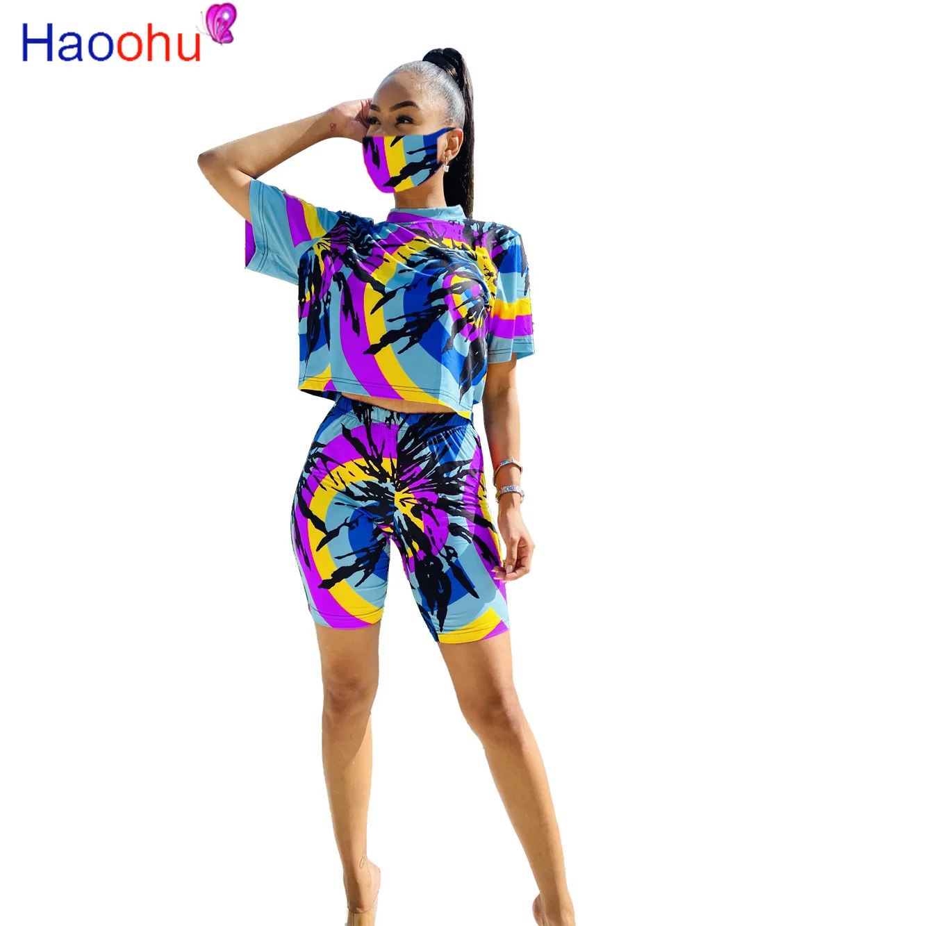 

2020 Women geometric black hole print with Mash three Pieces Sets Tracksuits tee Tops shorts Suit Fitness Outfits Matching Set
