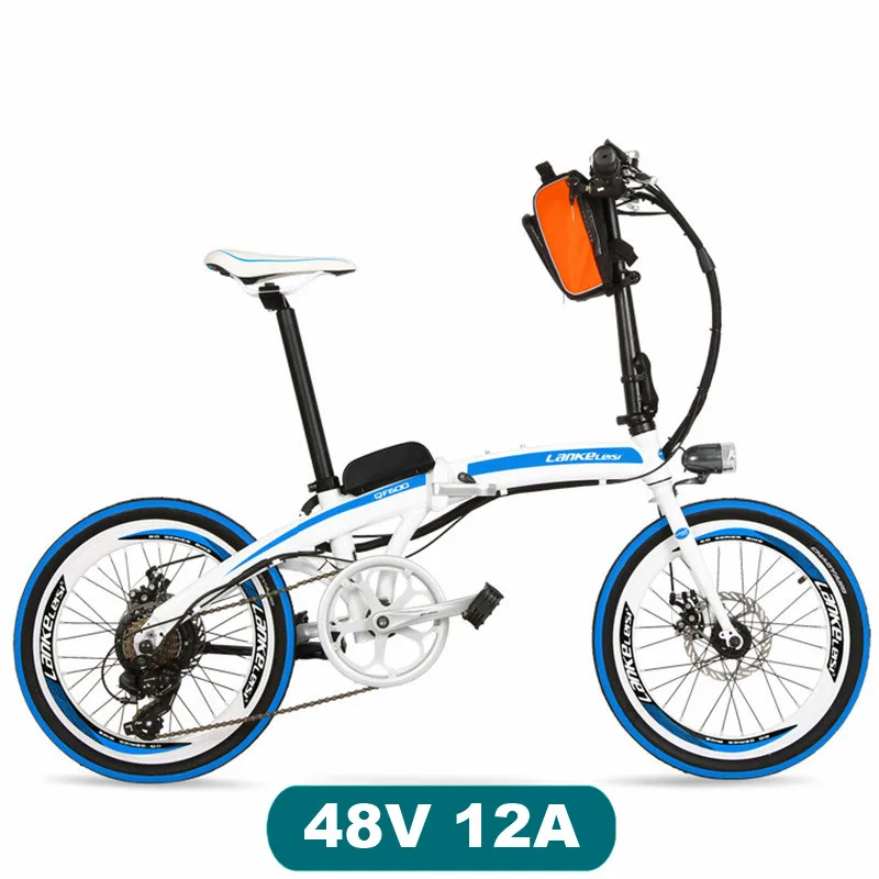 White Blue 48V12A QF600 7 Скорость, быстро складывающаяся, 2", 36/48 V, 240 W, электрический велосипед, Алюминий оправа из сплава, супер светильник, складной Педальный, дисковый тормоз - Цвет: White Blue 48V12A