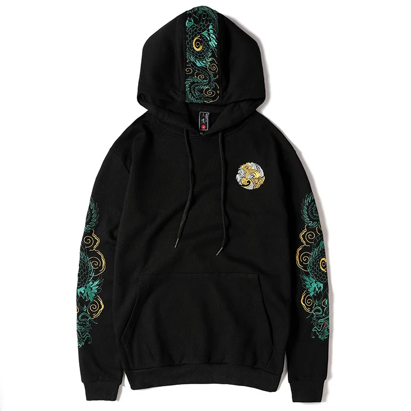 

Chinese dragon embroidery Hooded Sweatshirt Hip Hop Streetwear Hoodie 2021 Men Harajuku Cotton Casual Autumn Pullover Tops