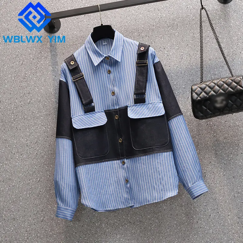 

Женская джинсовая рубашка с карманами, модная блузка в полоску, в стиле пэчворк, свободные блузки, весенние женские топы и блузки