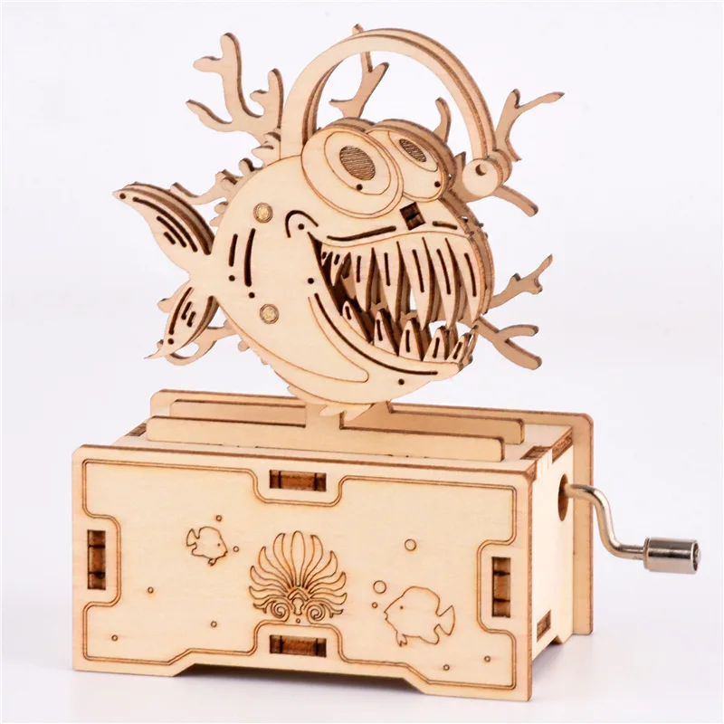 

Wooden Puzzle DIY 3D Fish Model Music Box Kits Toys for Kids Hand Shake Assembly Toy Gifts Home Decoration Hippocampus Octopus