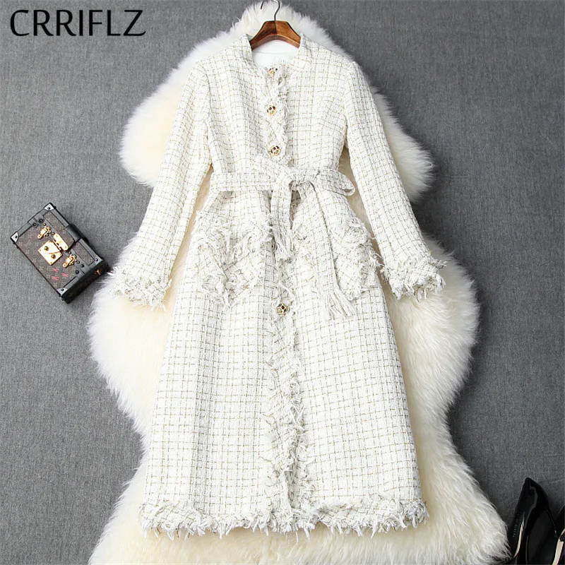 Зимнее женское Шерстяное Пальто из твида с кисточками и бусинами однобортное