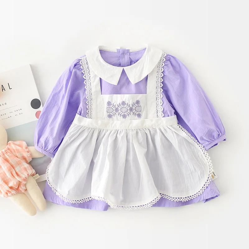 

2020 Autumn New Toddlers Girls Long Sleeve Dresses Cotton Embroidery Apron Kids Pure Color Dress Korean Style Children Clothes
