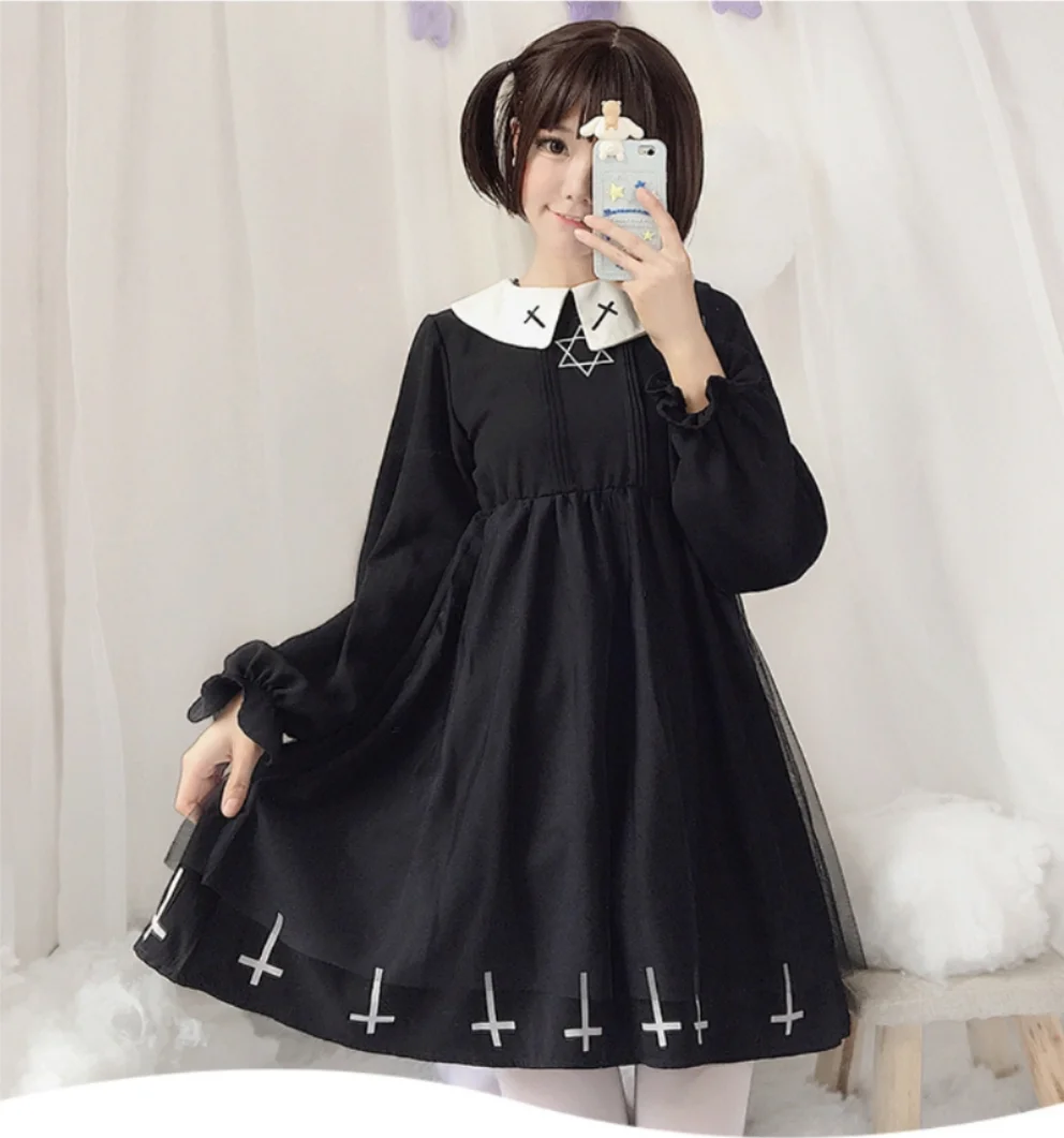 

Vestido gótico Lolita de moda oscura, vestido de Cosplay cruzado para mujer, traje japonés, vestido de tul de estilo lindo