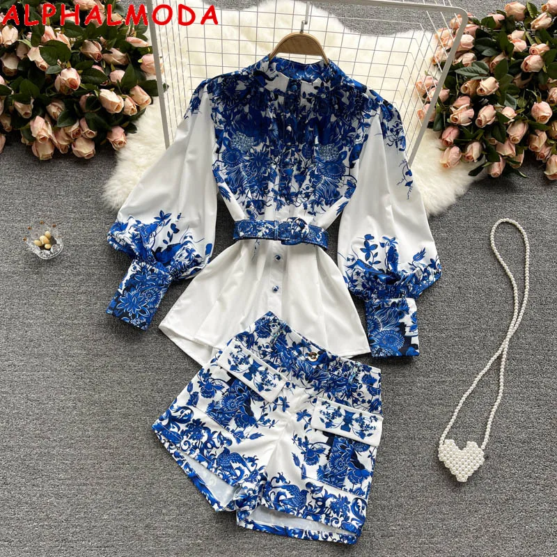 

ALPHALMODA Court Style Women Printed Long-sleeved Shirt + High Waist Shorts Women 2pcs Fashion Suit Belted Chif Trendy Set