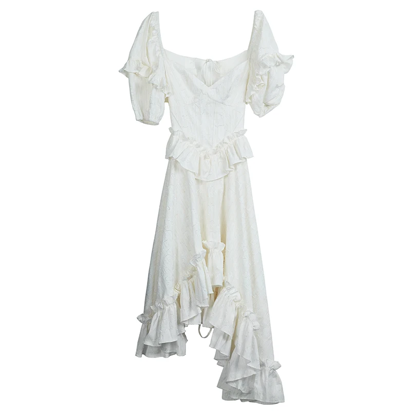 

SeeBeautiful Original Jacquard Irregular Ruffles Stitching Loose Dress Square Collar Puffles Summer 2021 New Fashion E449