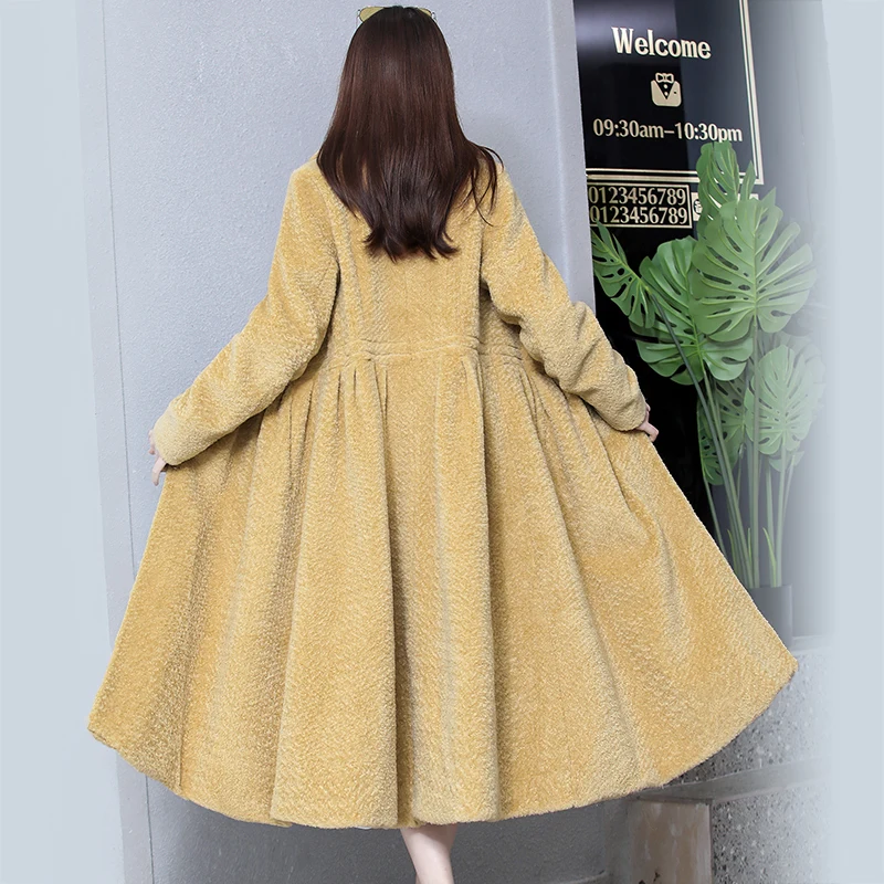 Jasmine yellow Nerazzurri шубы из овечьей шерсти длинное пальто из натурального меха женское зимнее Плиссированное меховое пальто из стриженной овечей шерсти плюс размер полная юбка верхняя одежда 5xl 6xl шуба ягненок,шуба овец - Цвет: Jasmine yellow