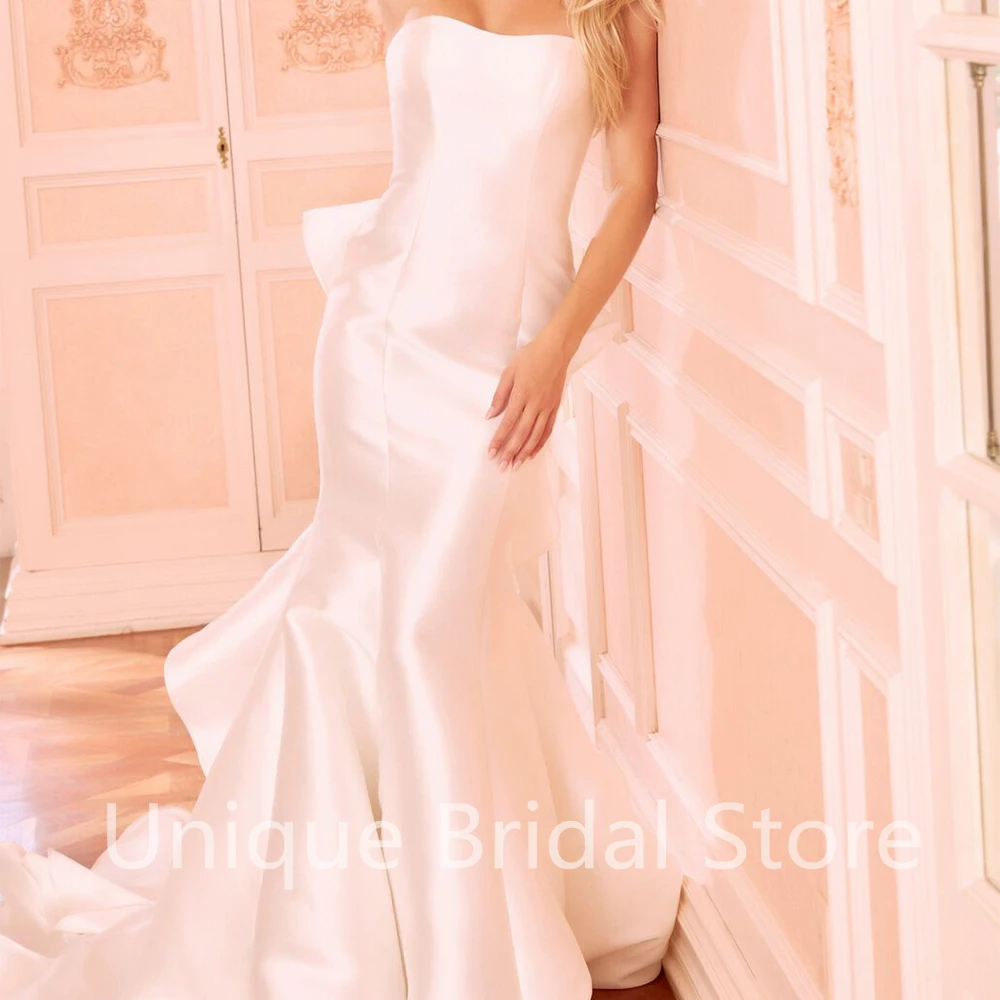 

Sexy Mermaid Wedding Dress Custom Made Strapless Backless Button Sleeveless Ruffles Sweep Train 2021 White Bridal Gowns