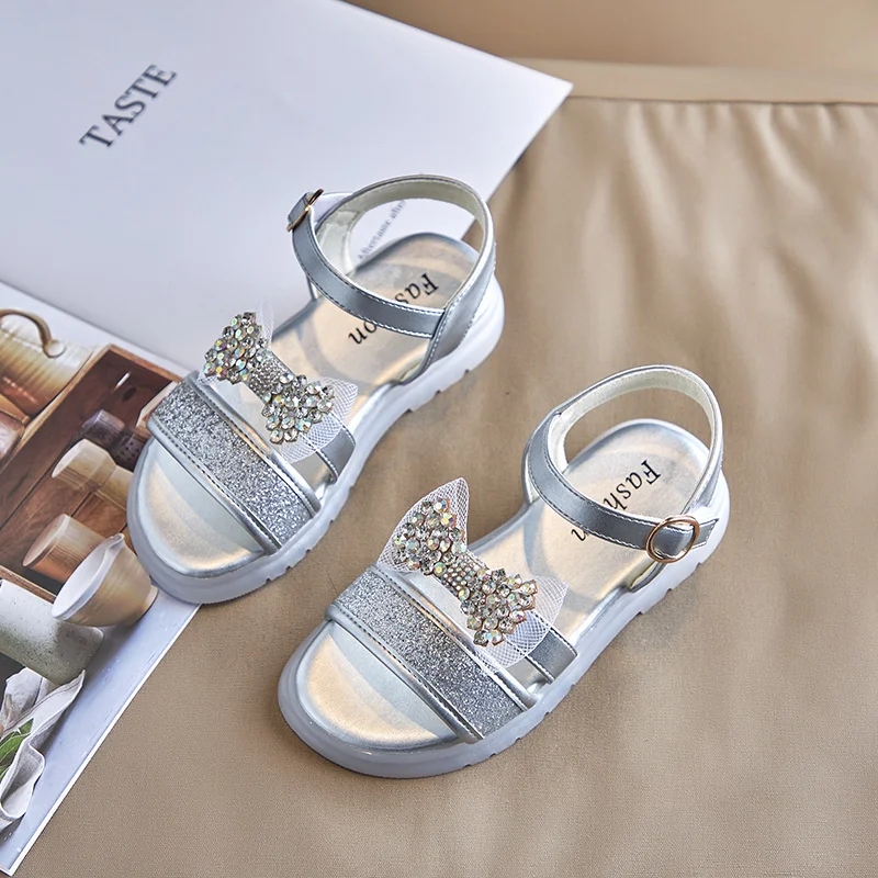 

Children Narrow Band Buckle Bow Sandals Girl Soft Soled Sandale Princess Sequin Lace Graduation Dress Sandals Size 26-36