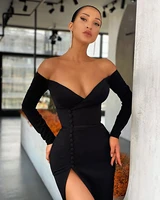 elegant high quality sexy women black v neck long sleeve bodycon bandage dress wholesale