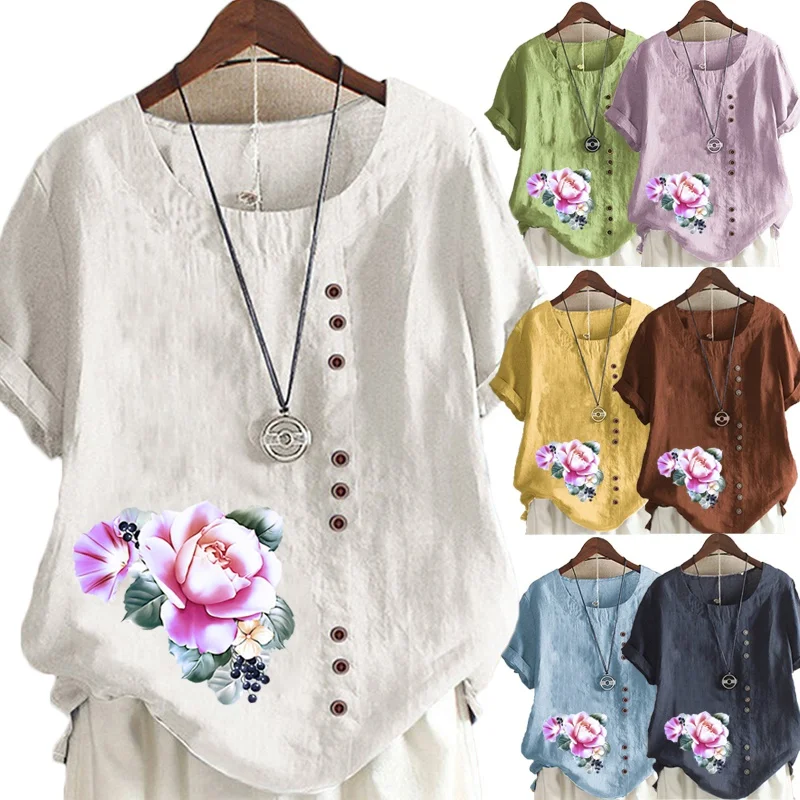 

Summer New Women's Casual Floral Print Loose T-shirt Retro Round Neck Plus Size Short-sleeved Shirt S-5XL