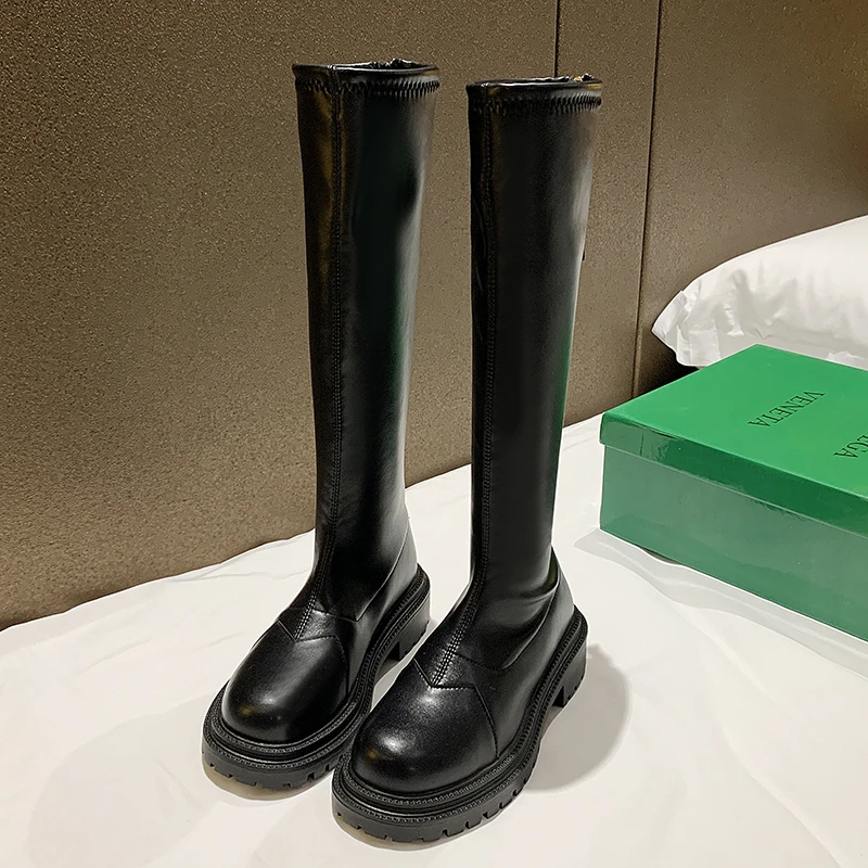 

2021 Winter Long Brand Women's Boots Knee High Luxury Chelsea Chunky Platform Shoes Trend Zipper Round Toe Botines De Mujer