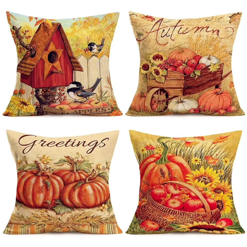 

Autumn pillowcase pumpkin bird sunflower linen pillowcase sofa cushion cover home decoration can be customized for you 40x40