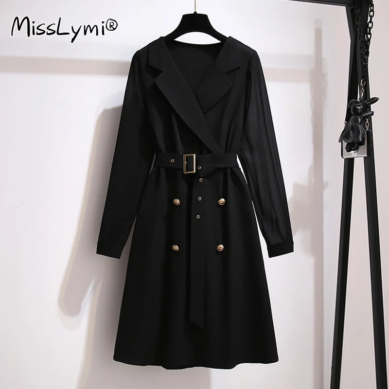 

Large Size Women Elegant Korean Dress Spring 2022 Notched Collar Chiffon Long Sleeve Double breasted Loose Office Dresses
