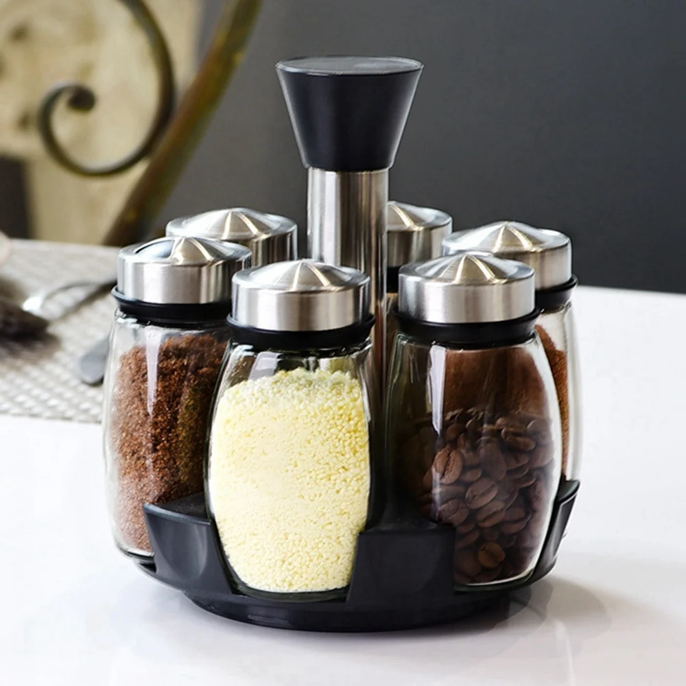 

6Pcs/Set Rotating Stainless Steel Cruet Condiment Spice Jars Set Salt And Pepper Shakers Seasoning Sprays Kitchen Tool