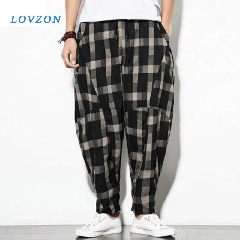 

LOVZON Men's Plaid Harem Pants Breathable Linen Baggy Pants Casual Mid Waist Harajuku Trousers Hip Hop Streetweat Pants