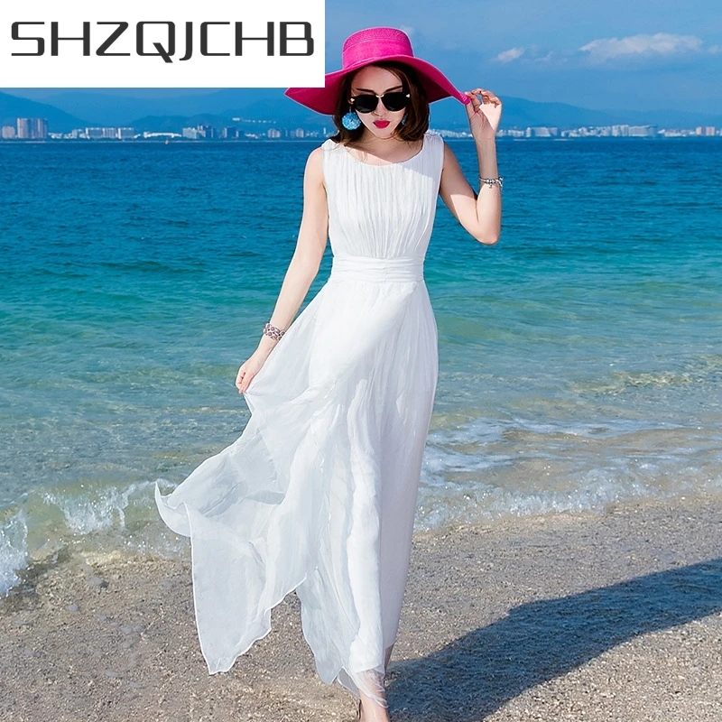 

JCHB 2021 Silk 100% White Dress Female Long Summer Beach Dresses Korean Clothes Party Dresses Vestidos De Verano 1127 KJ4711