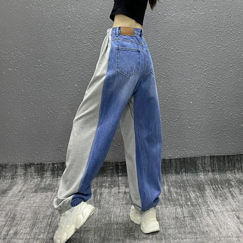 

Patchwork Streetwear Contrast Color Spliced Jeans Women's Autumn 2021 New High Waist Drawstring Loose Straight Denim Pants Tide